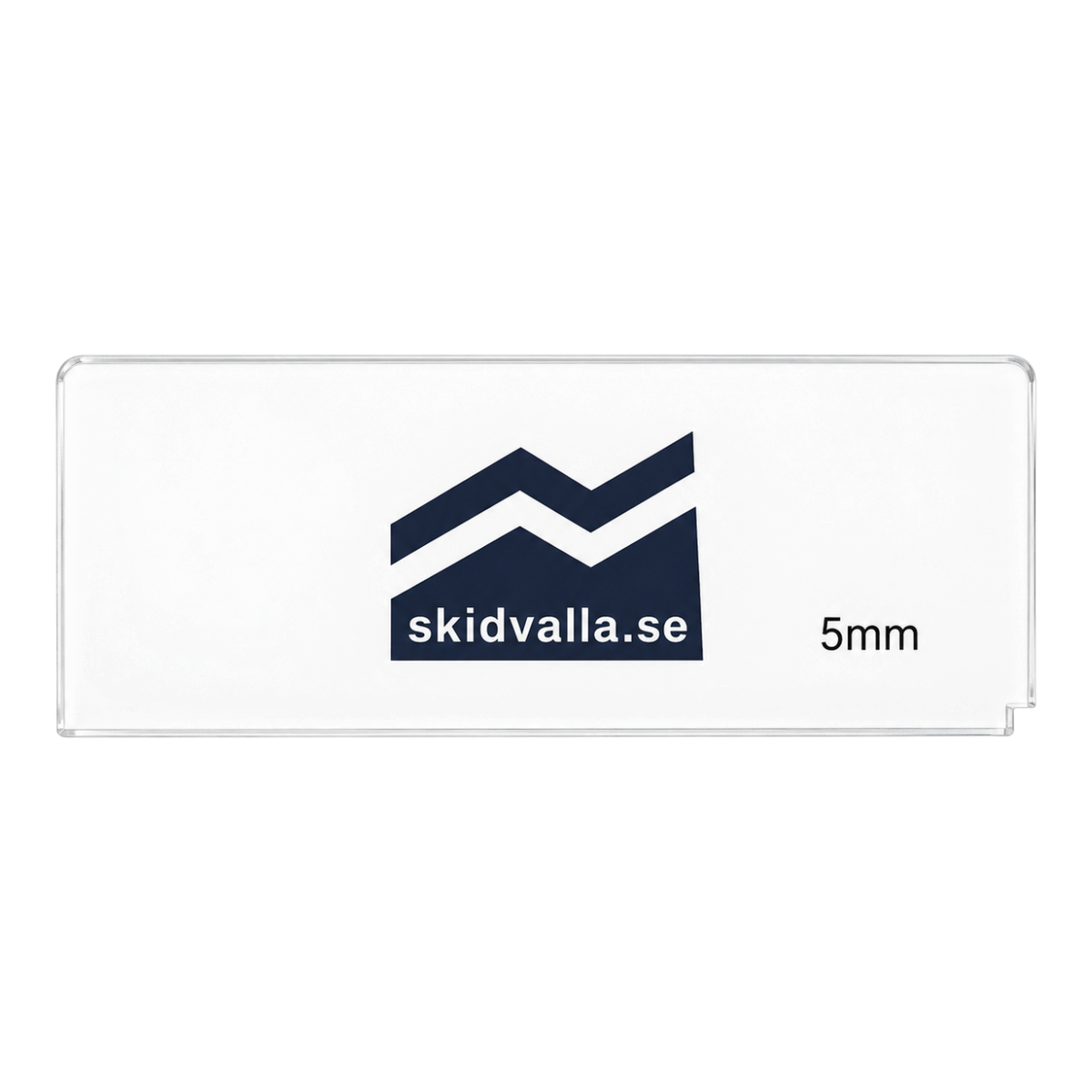Genomskinlig plexisickel på 5 mm från skidvalla.se med logotyp och specialhörn för effektiv vallning av skidor.