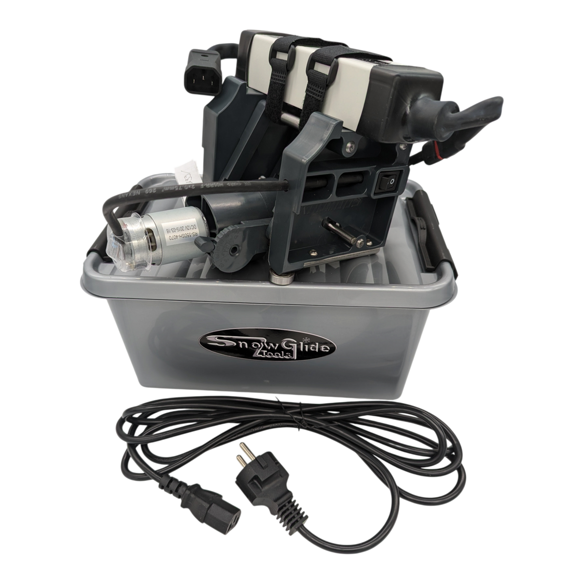 skidvalla.se Snowglide Rhombus electric ski edge sharpener with CBN stone, power adapter, and grey storage case.