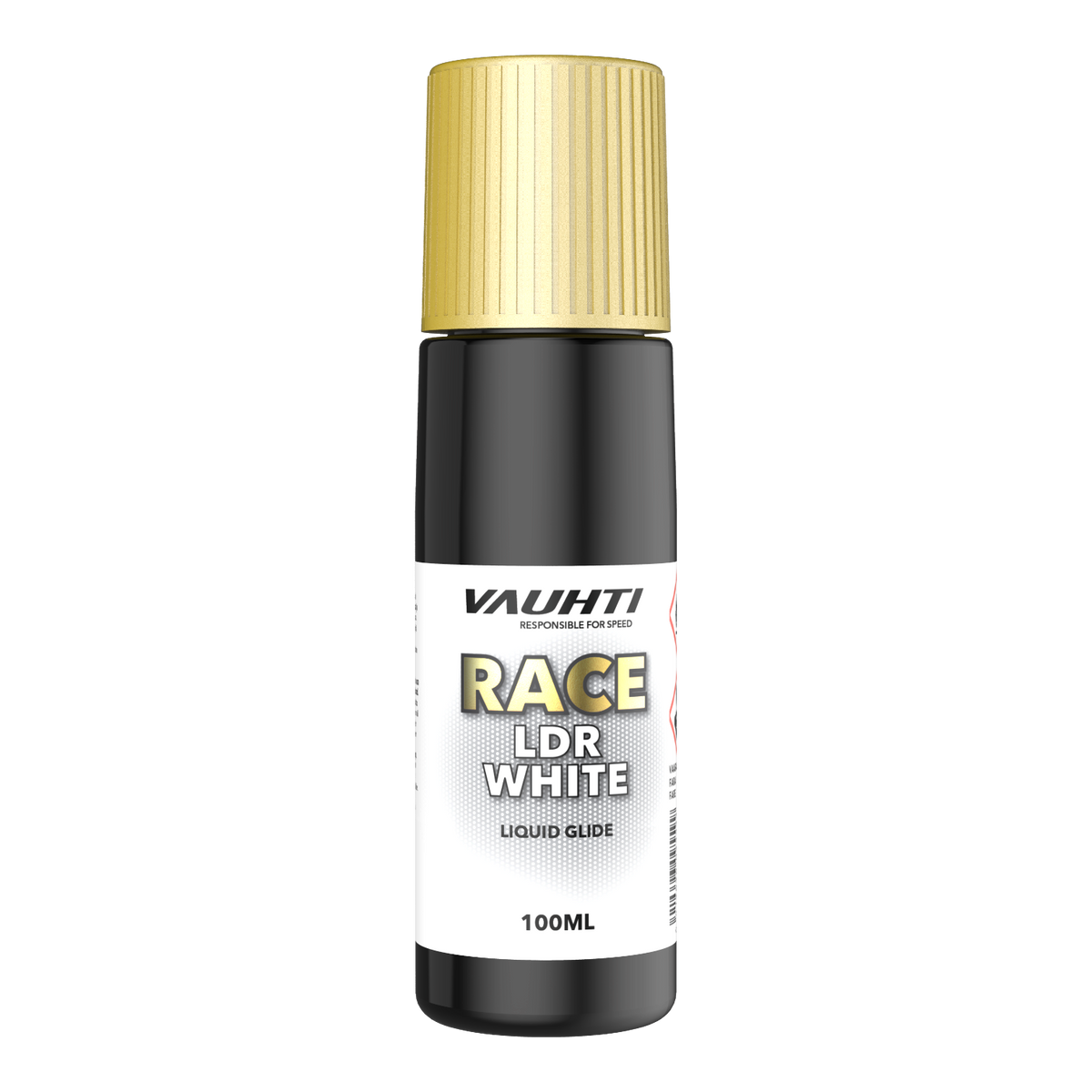skidvalla.se Vauhti Race LDR White flytande grundvalla i 100 ml flaska med guldfärgat skruvlock för skidor
