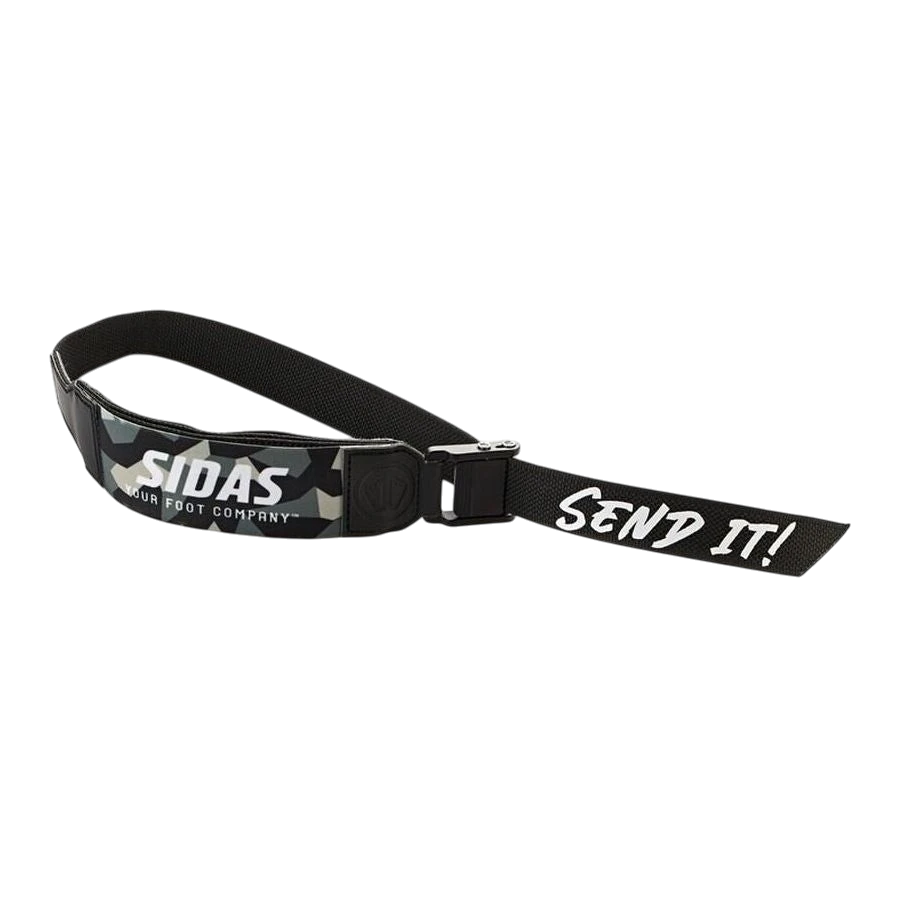 skidvalla.se Sidas Freeride Power Strap P3 with camouflage pattern, elastic construction, and Send It text detail