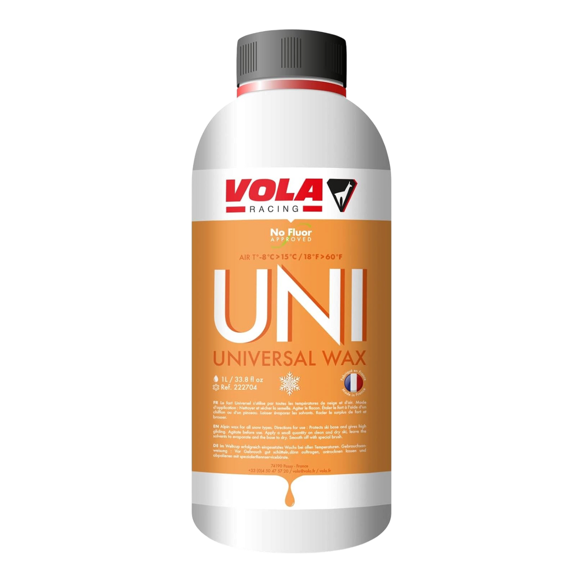 skidvalla.se Vola Universal 1000ml liquid ski wax for all snow types in a bottle with orange and white label