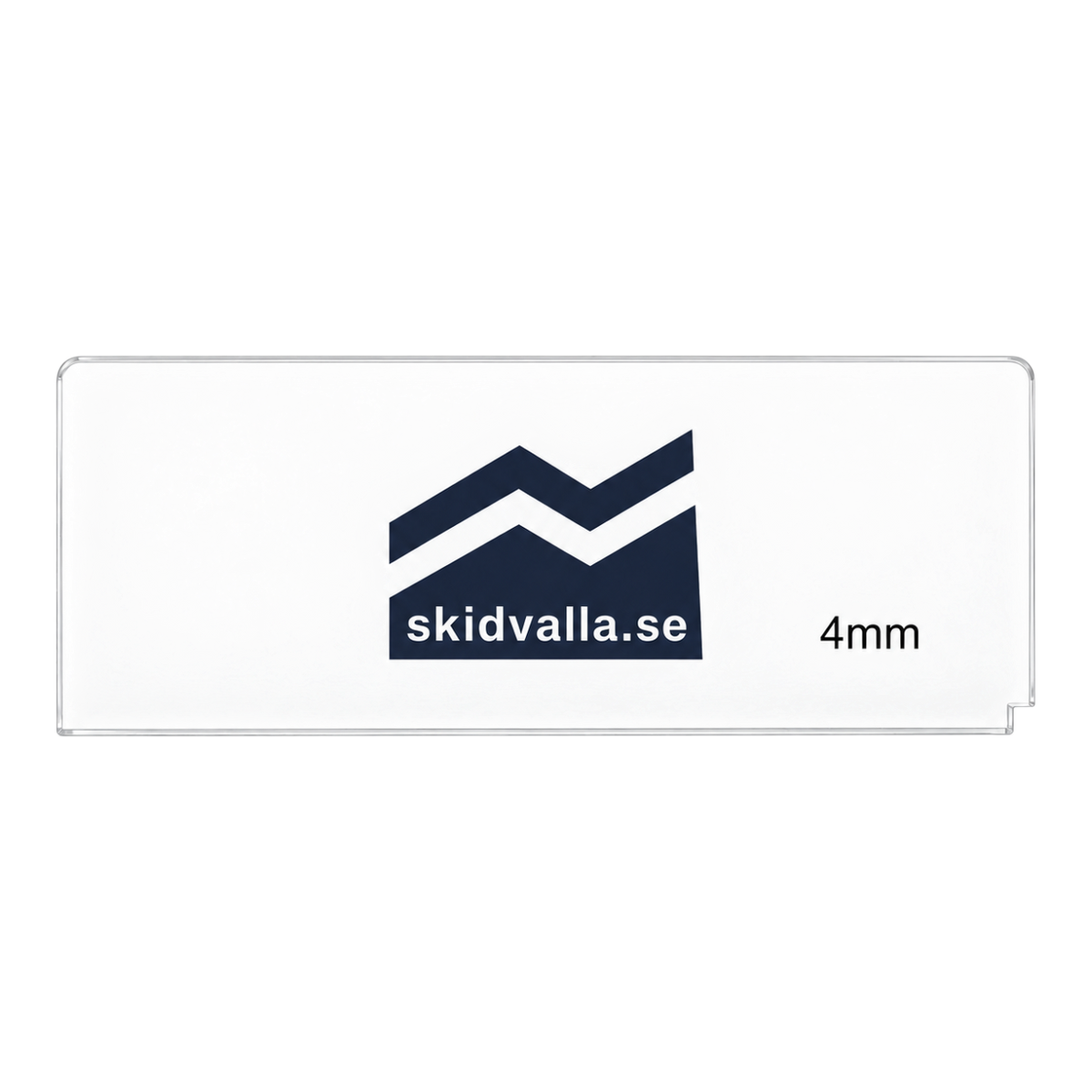 Genomskinlig plexisickel på 4 mm från skidvalla.se med logotyp och specialhörn för effektiv vallning av skidor.