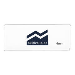 Genomskinlig plexisickel på 4 mm från skidvalla.se med logotyp och specialhörn för effektiv vallning av skidor.