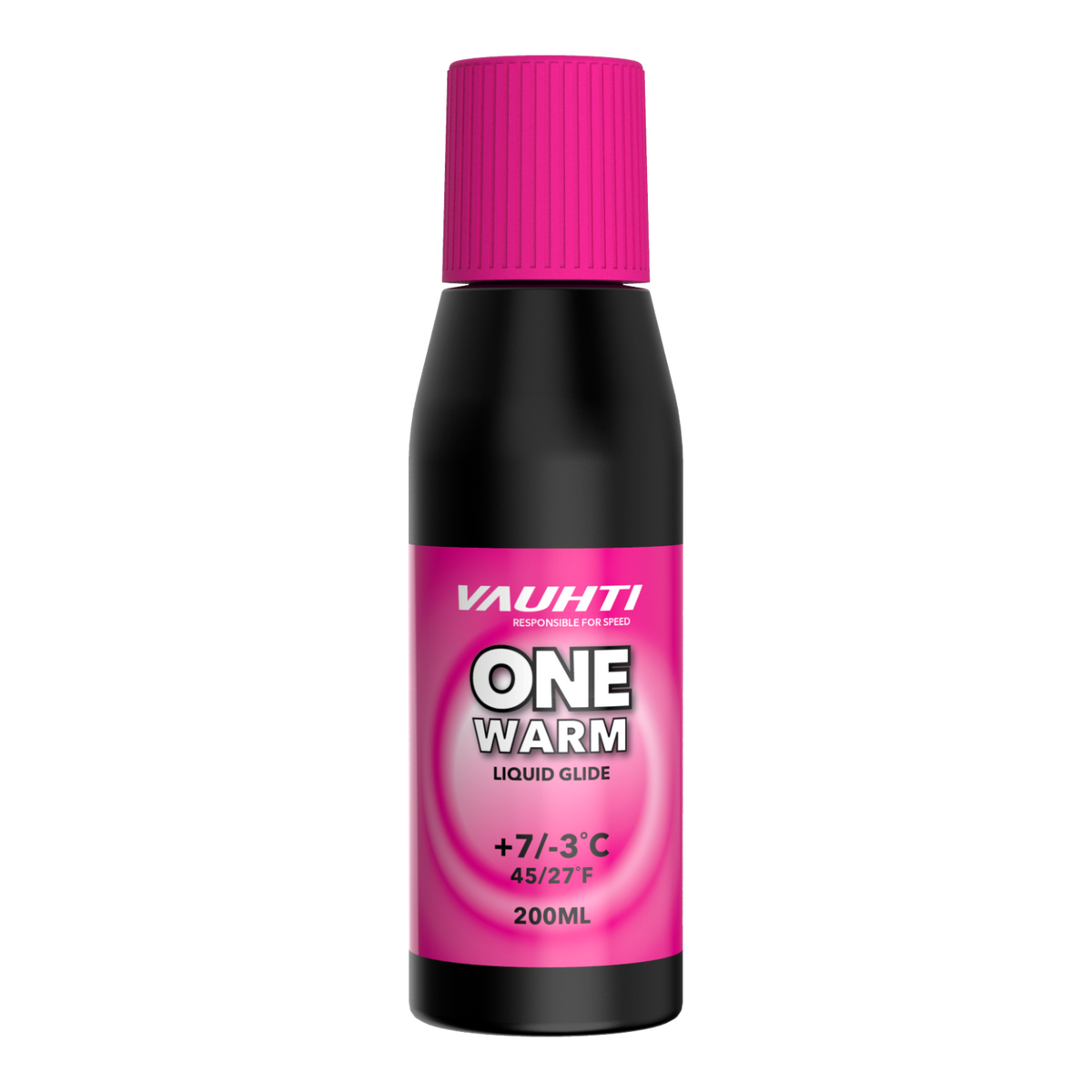 skidvalla.se Vauhti ONE Warm flytande glidvalla i svart flaska med rosa kork för varm och fuktig snö