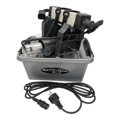 skidvalla.se Snowglide Rhombus electric ski edge sharpener with CBN stone, power adapter, and grey storage case.