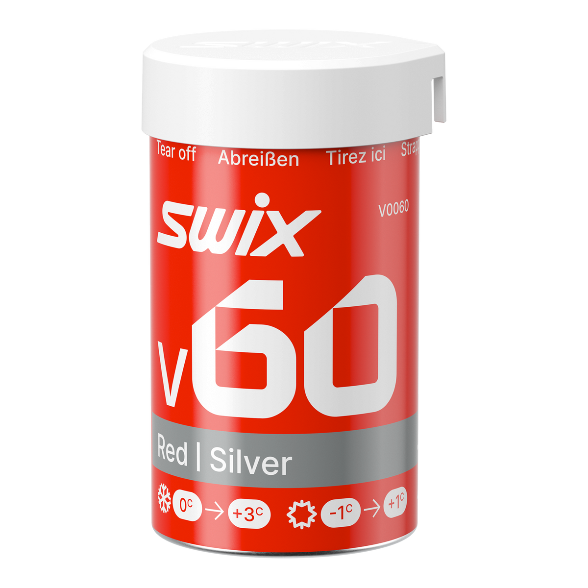skidvalla.se Swix V60 röd och silver burkvalla för klassisk längdskidåkning i temperaturer mellan +3 och -1 grader.