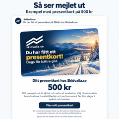 Exempel på mejlet som mottagaren får med ett presentkort från Skidvalla.se på 500 kr.