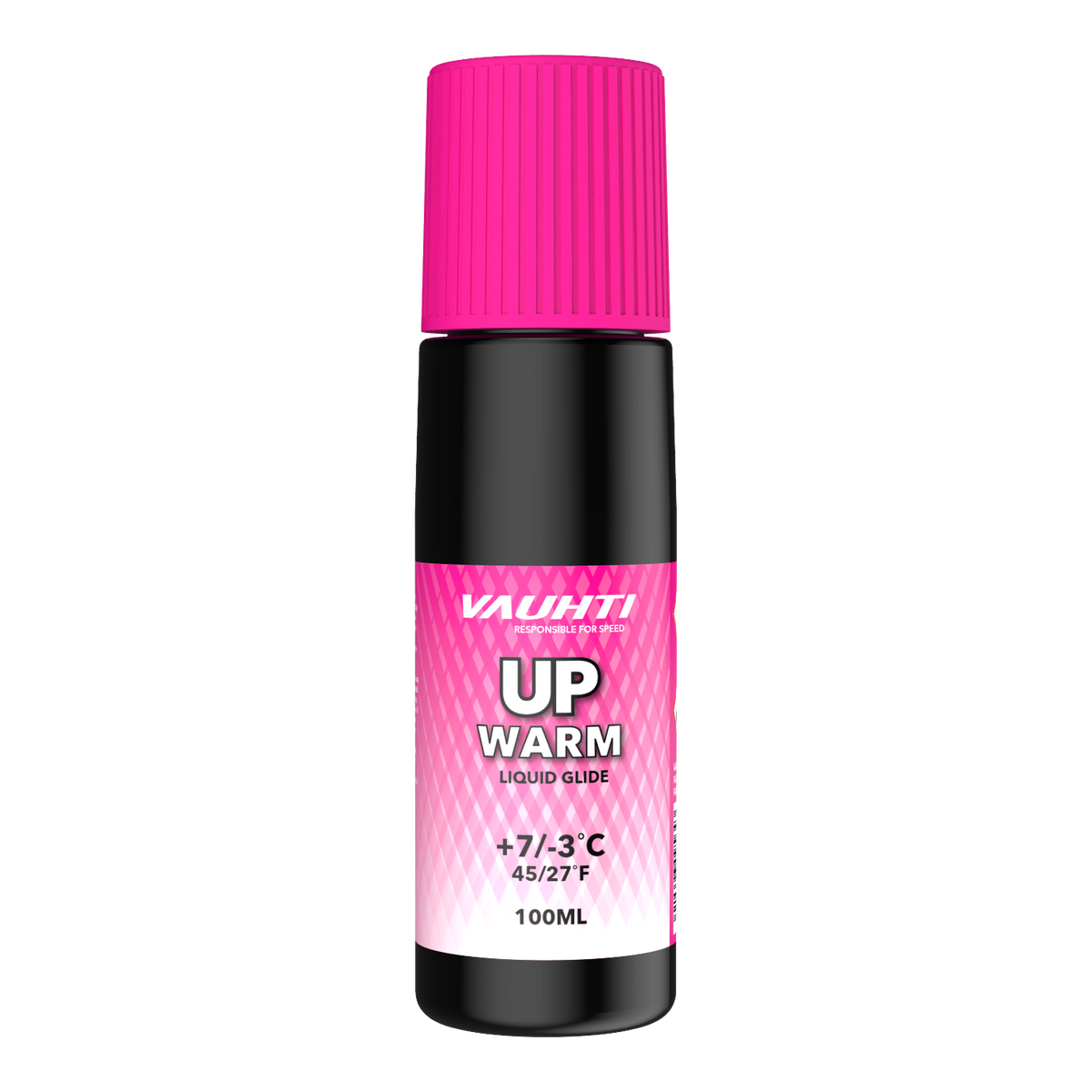 skidvalla.se Vauhti UP Warm flytande glidvalla i svart flaska med rosa kork för varm och fuktig snö