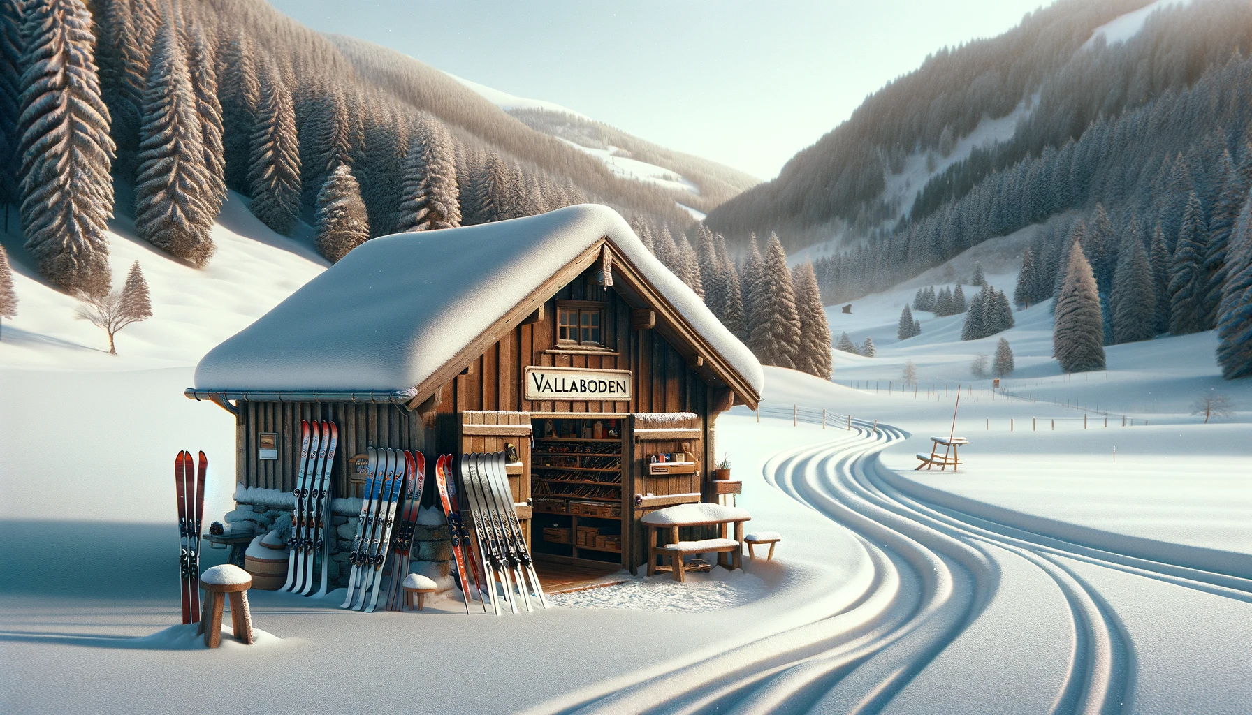 Wachskammer mit Langlaufski in einer winterlichen Landschaft